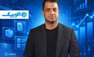 Portrait of a man beside the Alopeyk logo over a blue logistics graphic.