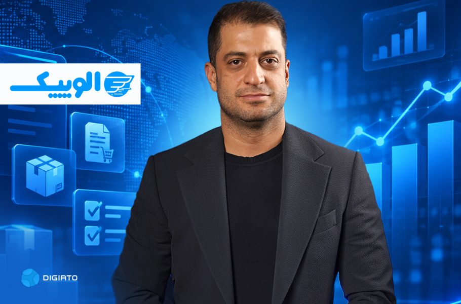 Portrait of a man beside the Alopeyk logo over a blue logistics graphic.