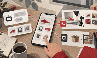 A shopper uses a marketplace app while illustrated pathways connect product recommendations, content production and warehouse operations.