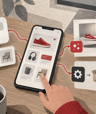 A shopper uses a marketplace app while illustrated pathways connect product recommendations, content production and warehouse operations.