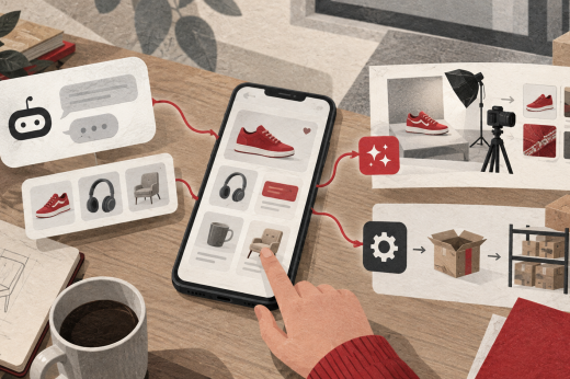 A shopper uses a marketplace app while illustrated pathways connect product recommendations, content production and warehouse operations.