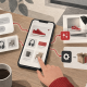A shopper uses a marketplace app while illustrated pathways connect product recommendations, content production and warehouse operations.