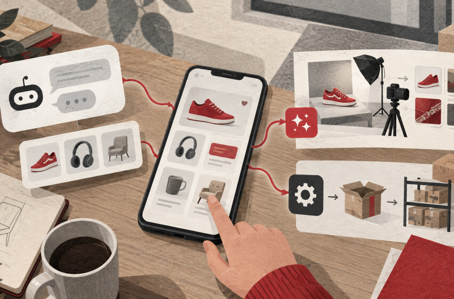 A shopper uses a marketplace app while illustrated pathways connect product recommendations, content production and warehouse operations.
