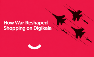 Fighter jets over a red background with the headline How War Reshaped Shopping on Digikala