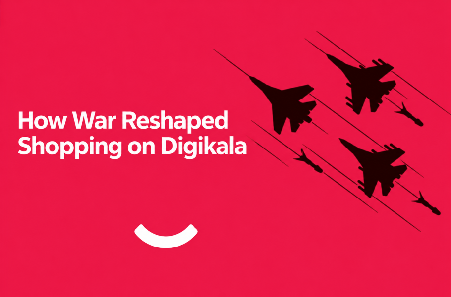 Fighter jets over a red background with the headline How War Reshaped Shopping on Digikala