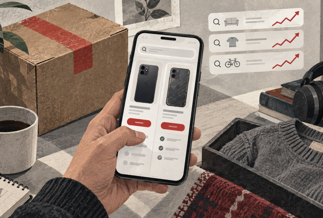 Editorial illustration of a shopper comparing a new phone with a secondhand phone on an online marketplace.