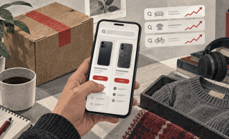 Editorial illustration of a shopper comparing a new phone with a secondhand phone on an online marketplace.