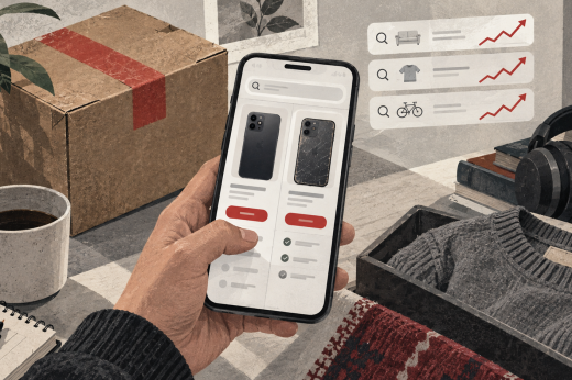 Editorial illustration of a shopper comparing a new phone with a secondhand phone on an online marketplace.