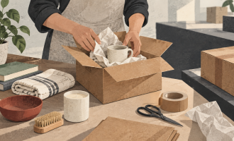 Hands packing a mug in a cardboard box beside other goods and parcels. Conceptual editorial illustration.
