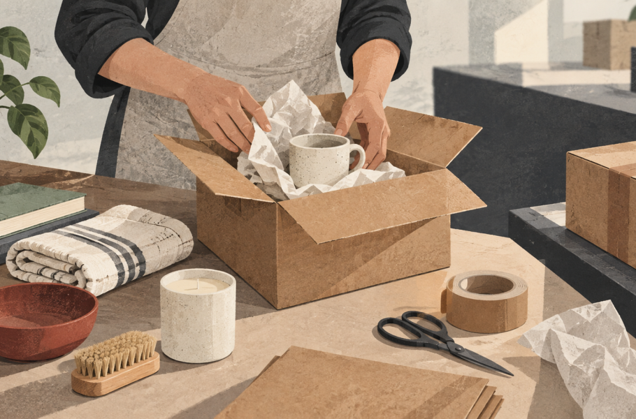Hands packing a mug in a cardboard box beside other goods and parcels. Conceptual editorial illustration.