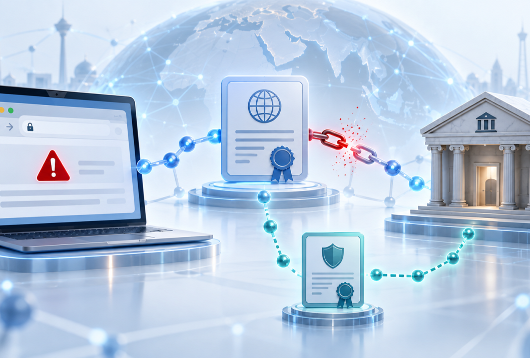 Editorial illustration of Iran bank TLS certificates, a browser warning, and a broken digital certificate chain connected to an online banking service.