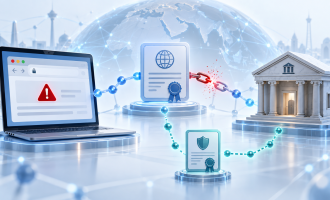 Editorial illustration of Iran bank TLS certificates, a browser warning, and a broken digital certificate chain connected to an online banking service.