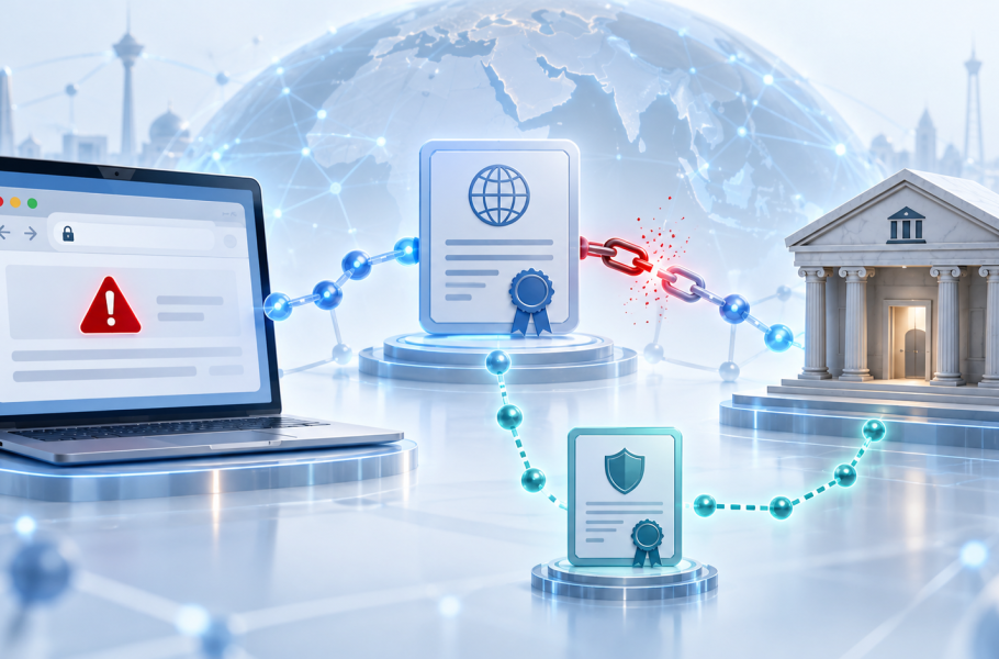 Editorial illustration of Iran bank TLS certificates, a browser warning, and a broken digital certificate chain connected to an online banking service.