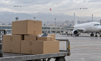 AI-generated editorial composite of phone shipments at a Tehran airport, with an interrupted Oman-to-Iran flight route overlay.