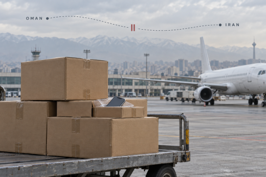 AI-generated editorial composite of phone shipments at a Tehran airport, with an interrupted Oman-to-Iran flight route overlay.
