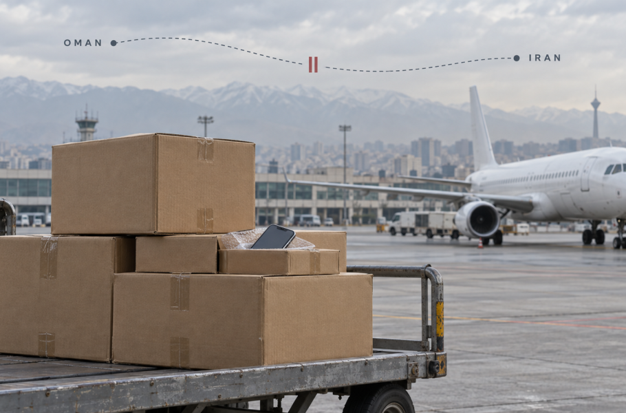 AI-generated editorial composite of phone shipments at a Tehran airport, with an interrupted Oman-to-Iran flight route overlay.
