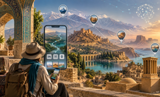 Traveler using a smartphone as digital routes connect tourism destinations across Iran