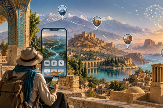 Traveler using a smartphone as digital routes connect tourism destinations across Iran