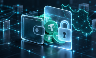 Digital USDT wallet behind a glowing lock, with an outline of Iran in the background.
