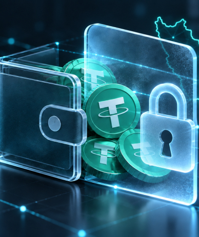 Digital USDT wallet behind a glowing lock, with an outline of Iran in the background.