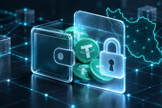 Digital USDT wallet behind a glowing lock, with an outline of Iran in the background.