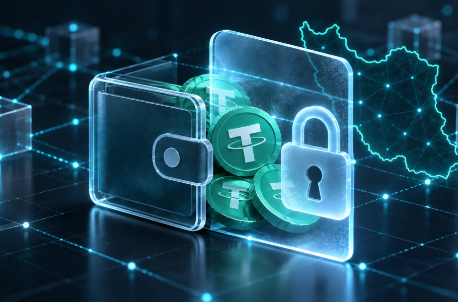 Digital USDT wallet behind a glowing lock, with an outline of Iran in the background.