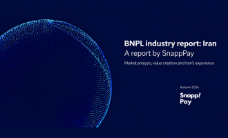 Blue particle globe beside the English title of SnappPay’s BNPL industry report on Iran.