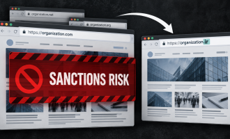 Conceptual browser windows show a sanctions-risk warning over a .com website and an arrow toward the same website on .ir.