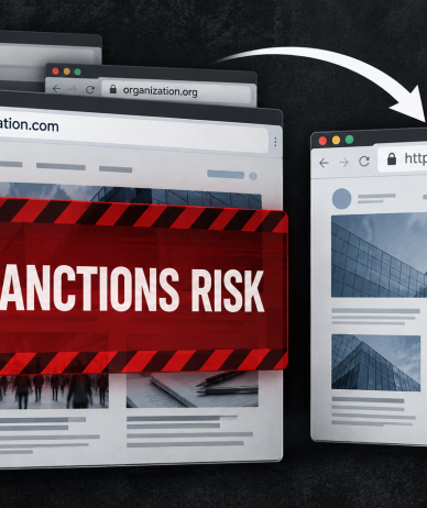 Conceptual browser windows show a sanctions-risk warning over a .com website and an arrow toward the same website on .ir.