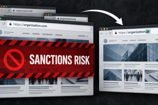 Conceptual browser windows show a sanctions-risk warning over a .com website and an arrow toward the same website on .ir.