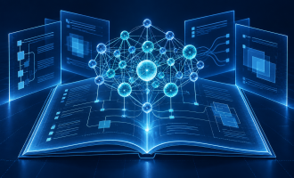 A luminous blue network of connected nodes rises above a digital standards document on a dark background.