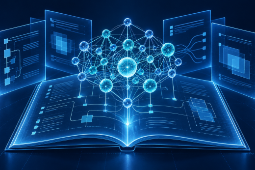 A luminous blue network of connected nodes rises above a digital standards document on a dark background.