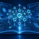 A luminous blue network of connected nodes rises above a digital standards document on a dark background.