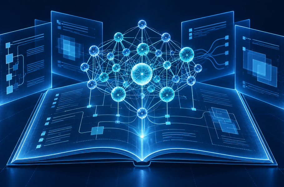 A luminous blue network of connected nodes rises above a digital standards document on a dark background.