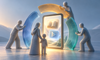 Abstract child and caregiver figures beside a tablet with book and play symbols, as three adults assemble separate curved segments around it.