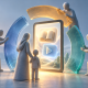 Abstract child and caregiver figures beside a tablet with book and play symbols, as three adults assemble separate curved segments around it.