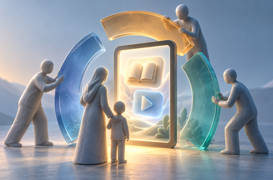 Abstract child and caregiver figures beside a tablet with book and play symbols, as three adults assemble separate curved segments around it.
