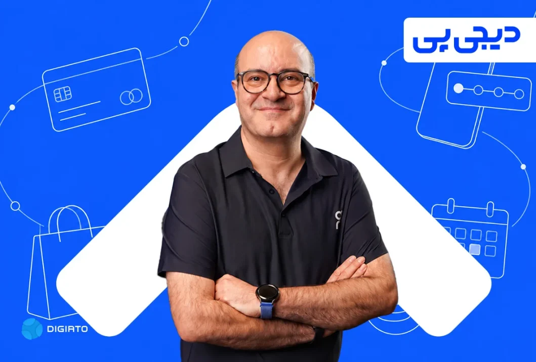 Portrait of Digipay CEO Omid Torabi against a blue background with payment illustrations.