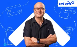 Portrait of Digipay CEO Omid Torabi against a blue background with payment illustrations.
