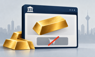 An abstract banking window displays gold above a crossed-out purchase icon, with a stylized Tehran skyline behind it.