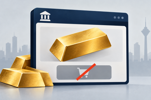 An abstract banking window displays gold above a crossed-out purchase icon, with a stylized Tehran skyline behind it.
