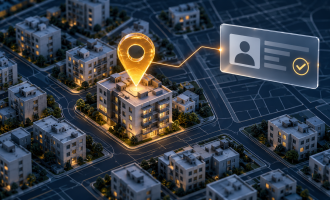 An amber location pin above an apartment building connects to an abstract identity card with a verification check.