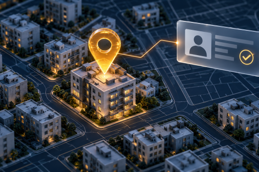 An amber location pin above an apartment building connects to an abstract identity card with a verification check.