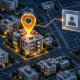 An amber location pin above an apartment building connects to an abstract identity card with a verification check.