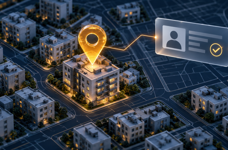 An amber location pin above an apartment building connects to an abstract identity card with a verification check.