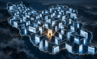 A lone figure stands among glowing browser panels forming a maze in the shape of Iran.
