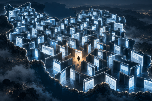 A lone figure stands among glowing browser panels forming a maze in the shape of Iran.