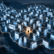 A lone figure stands among glowing browser panels forming a maze in the shape of Iran.