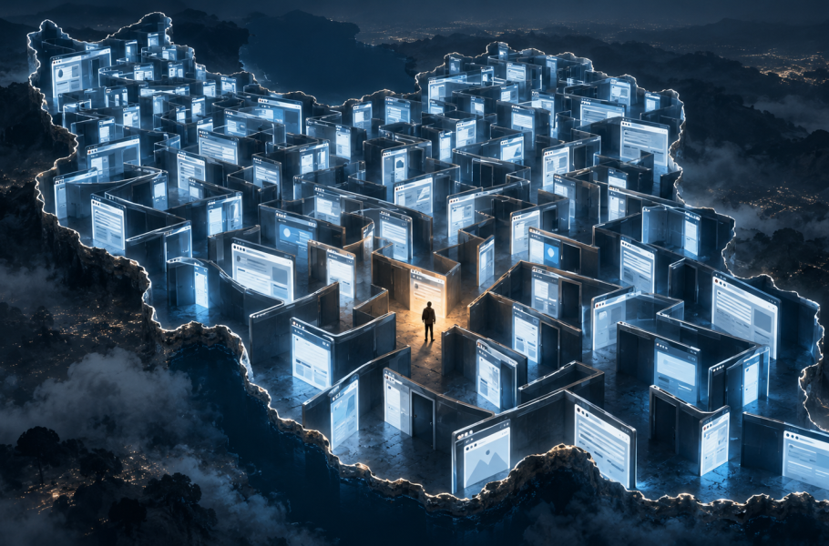 A lone figure stands among glowing browser panels forming a maze in the shape of Iran.