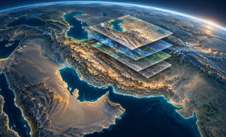 Translucent map layers float above a stylized view of western Asia on a curved Earth.